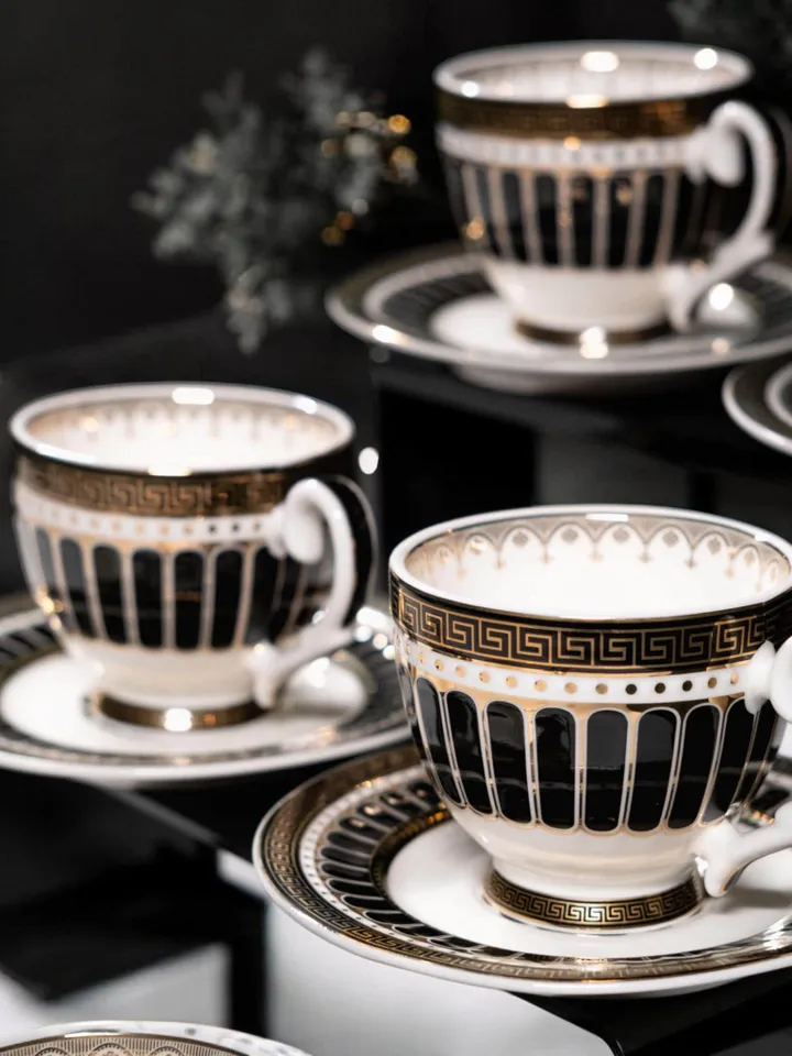 14K Genuine Gold Powder Porcelain Tea Cups And Saucers | Tea Cups Saucers Set | Gold Porcelain Set | Elegant Teaware | Gift For Tea Lovers