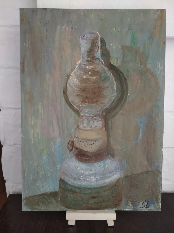 Still Life Oil Painting with Kerosene Lamp Vintage Wall Art 12x8 Inch Paper