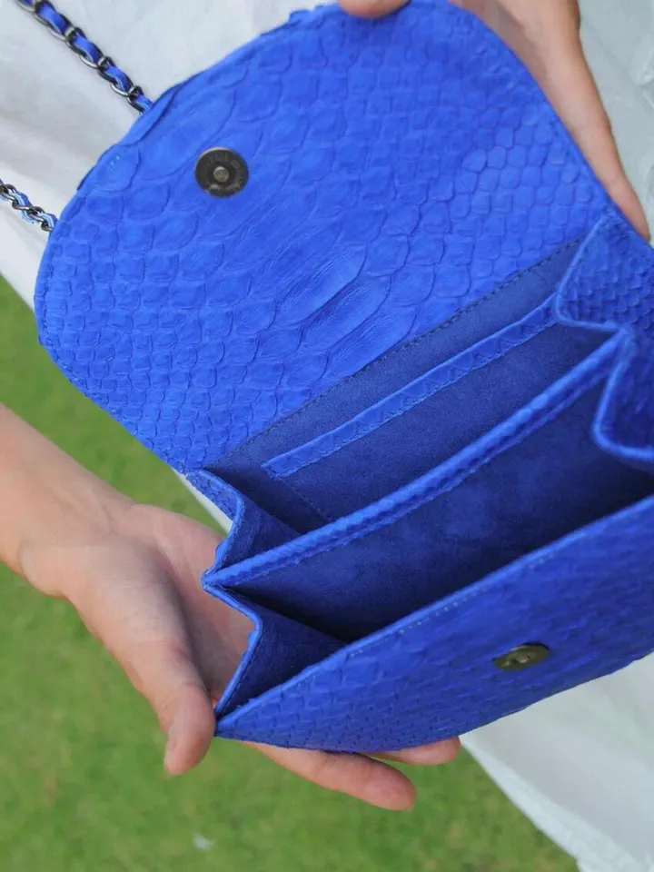 Genuine Python Skin Top Handle Bright Blue Crossbody Bag | Exotic Leather Bags | Snakeprint Bag | Handmade Designer Bag | Gift For Her