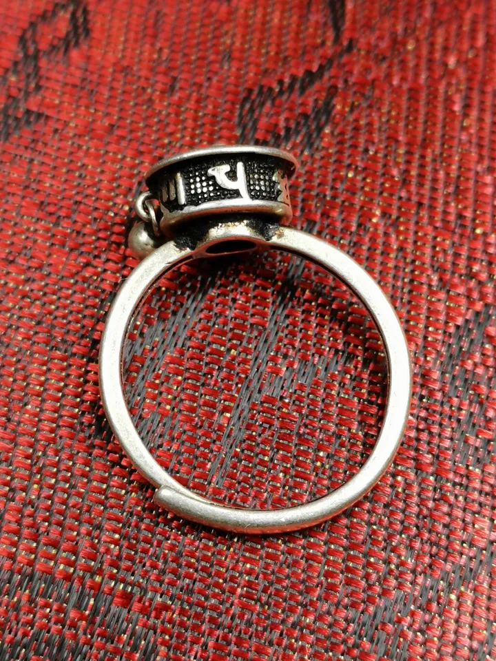 Gandhanra Unique Handcrafted Tibetan Silver Prayer Wheel Ring | Mandala Shape & Om Mantra | Adjustable Size | Protection Jewelry for Women