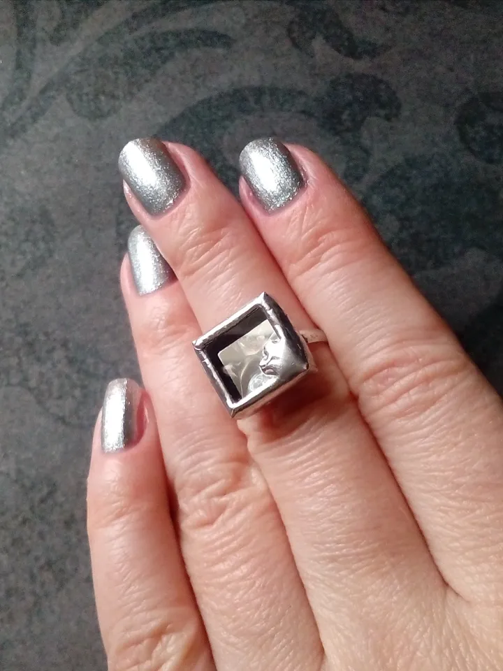 Mirror ring, squar ring, simple stained glass, tin soldered glass ring, old amalgam, scrying mirror ring, glass ring