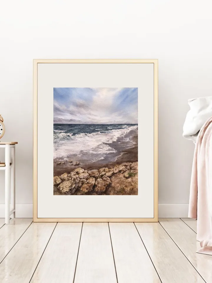 Seascape Original Painting Beach Watercolor Wall Art Clouds and Sea Painting