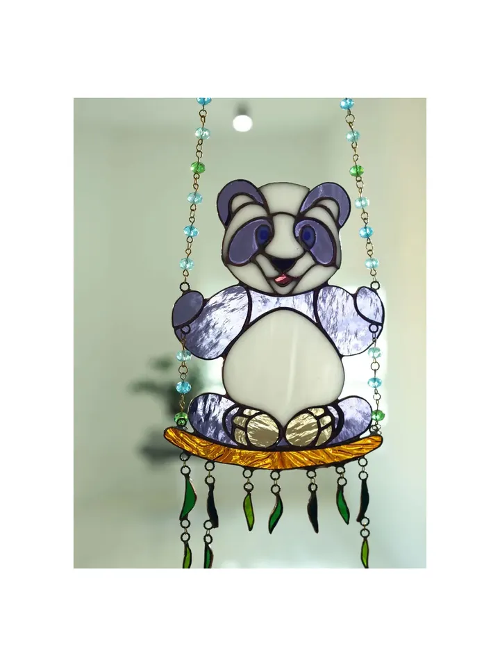 Tiffany Stained Glass Garland “Panda on the Vines”, Stained Glass Panda Suncatcher, Tiffany Glass Panda Ornament, Handmade Panda Window Hanging, Stained Glass Bear Cub Decoration, Tiffany Panda Swing, Panda Liana Sun Catcher, Panda Stained Glass Gift, Han