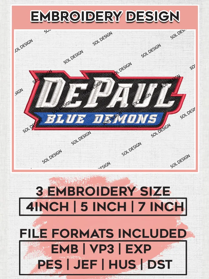 DePaul Blue Demons NCAA Team Writing Logo Embroidery Design Files, NCAA DePaul Blue Demons Machine Embroidery, NCAA Teams, 3 sizes, NCAA Machine embroidery designs, Digital Download