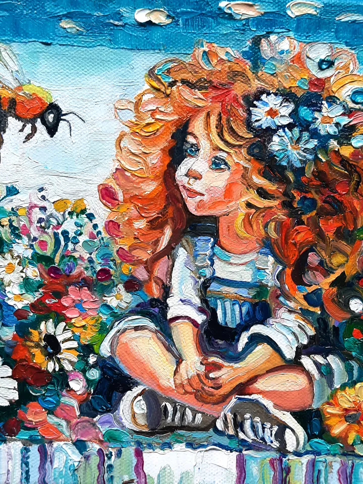Funny Girl and Bee Original Oil painting 6 by 6 inch