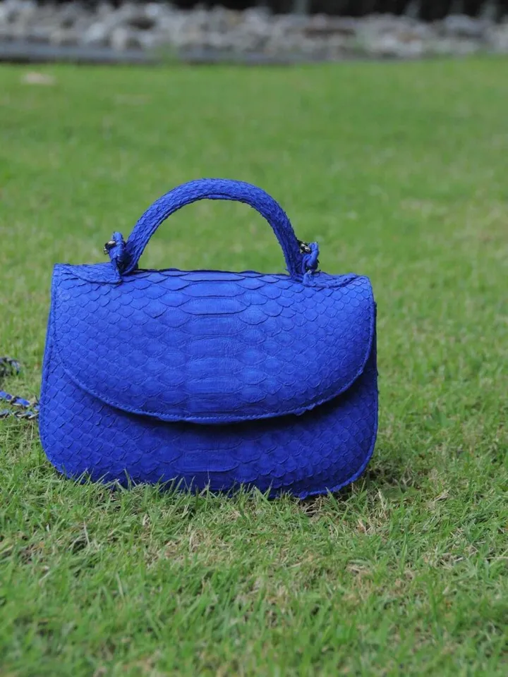 Genuine Python Skin Top Handle Bright Blue Crossbody Bag | Exotic Leather Bags | Snakeprint Bag | Handmade Designer Bag | Gift For Her