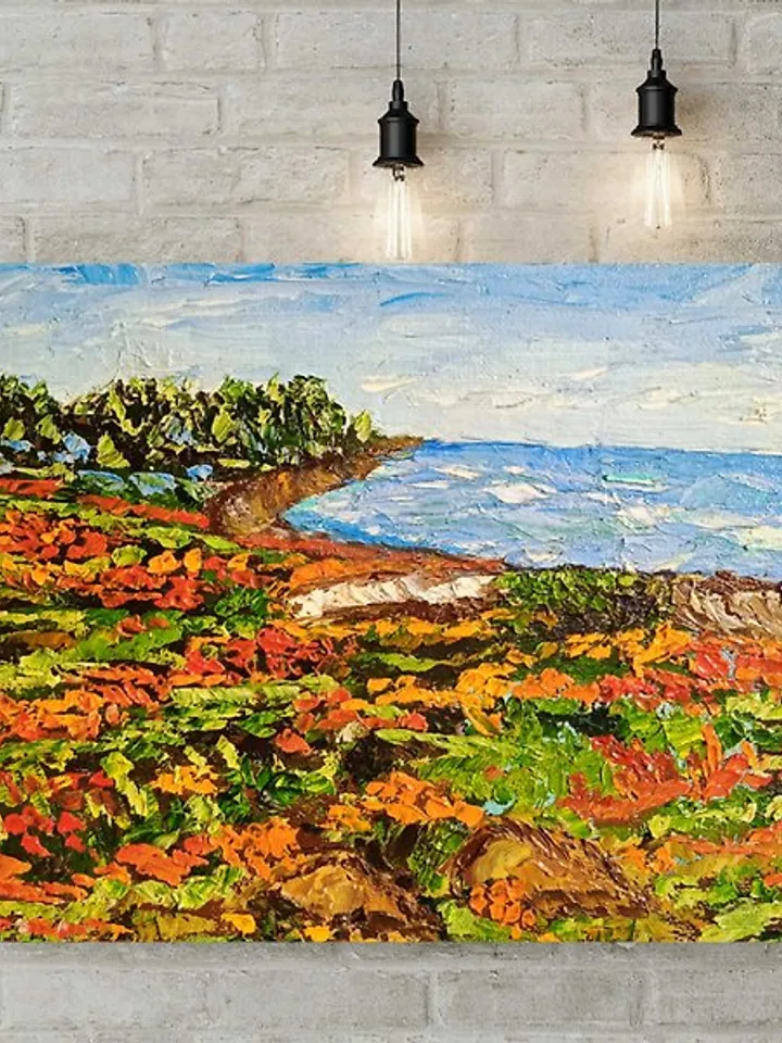 Landscape original oil painting of mountains and wildflowers impasto art
