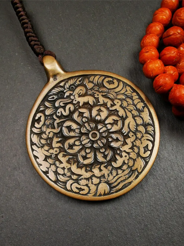 Gandhanra Vintage Tibetan Buddhist Calendar Badge,Melong Mirror, SIPAHO Amulet,Unique Mandala Flower Pattern,made of Lima Brass,2.16"