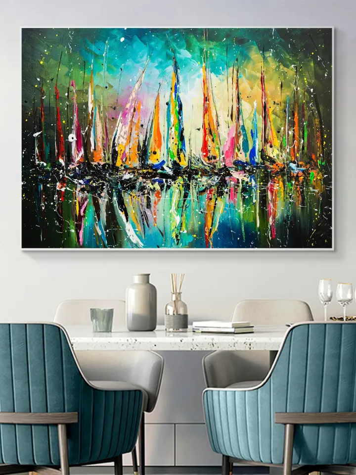 Original Painting On Canvas, Abstract Colorful Sailboat Oil Painting, Seascape Painting, Large Wall Art,Living Room Wall Decor,Wall Hangings