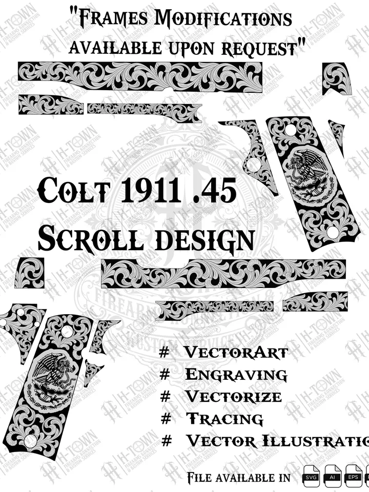 Colt 1911 .45 Scroll Engraving Design | Mexican Eagle Grip (Digital File)