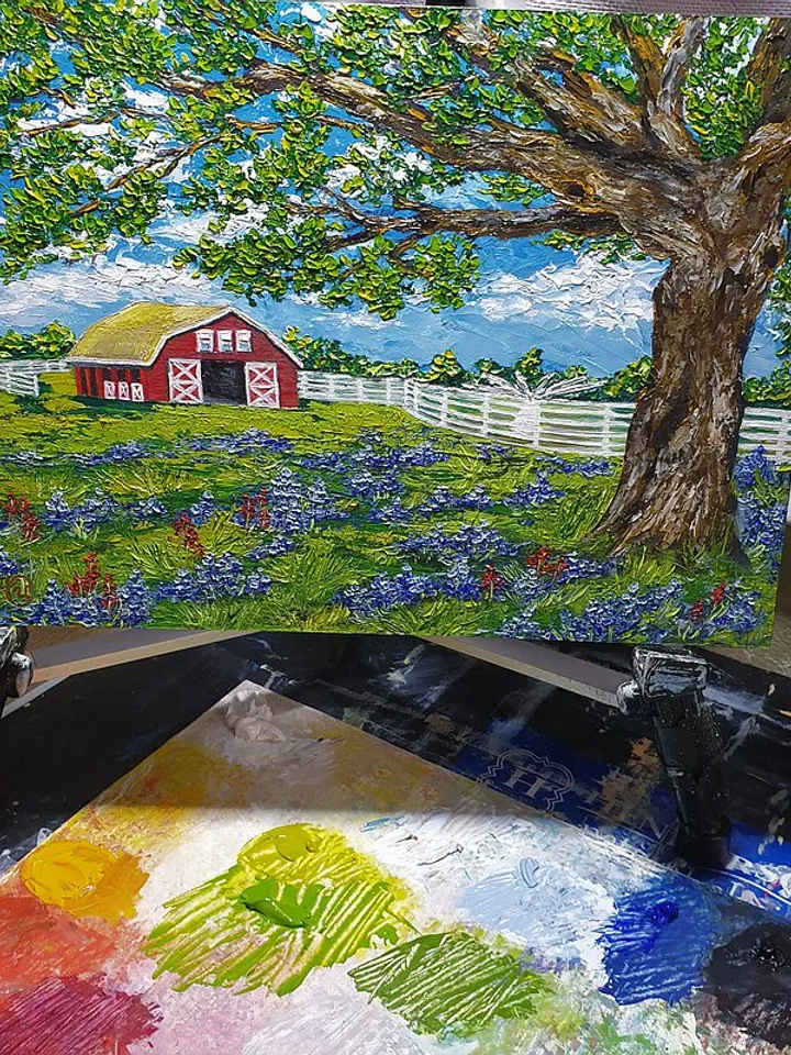 Red Barn Painting Bluebonnet Original Art Texas Wall Art Impasto Oil Painting
