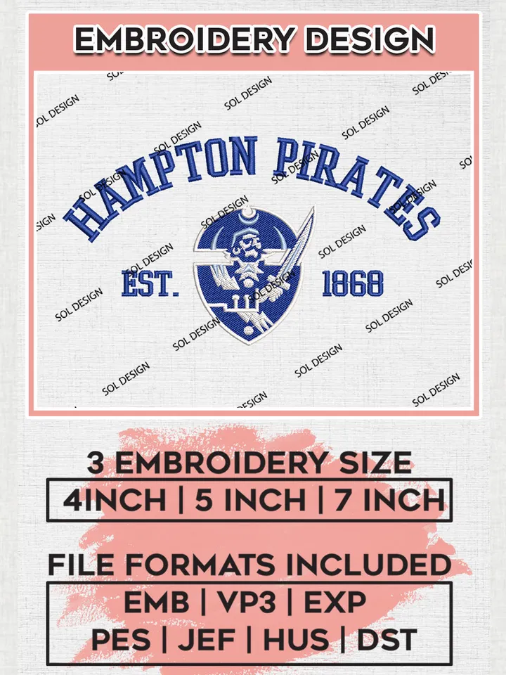 Hampton Pirates Est 1868 Logo Embroidery Designs, NCAA Hampton Pirates Team Embroidery, NCAA Team Logo, 3 sizes, Machine embroidery Files, Digital Download