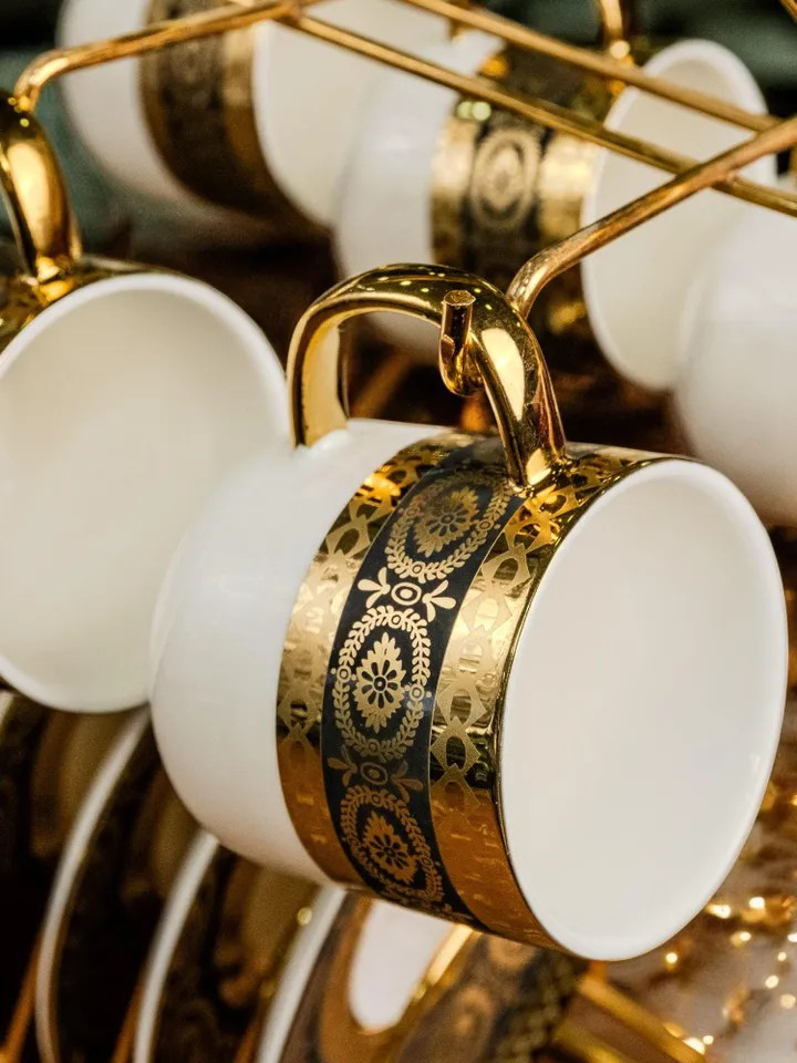 14K Genuine Gold Powder Porcelain Tea Cups And Saucers | Tea Cups Saucers Set | Gold Porcelain Set | Elegant Teaware | Gift For Tea Lovers