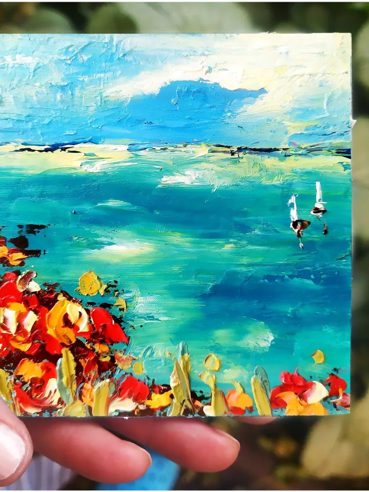 Seascape Painting Poppy Tuscany Original Art Seascape Impasto Oil Painting Small Artwork 4x4 Tuscan Serenity Original by ArtProkopaloSv