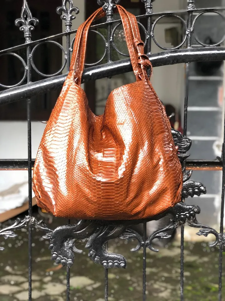 Big Soft Hobo Genuine Python Skin Polished Brown Bag | Exotic Python Leather Bag | Large Soft Leather Handmade Bag | Snakeskin Bag Woman