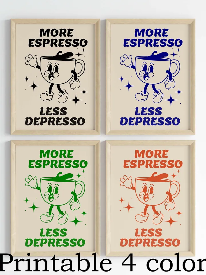 Espresso Digital Wall Art, Coffee Lover Art Print, More Espresso Less Depresso Print, Retro Coffee Quote Print, Trendy coffee poster