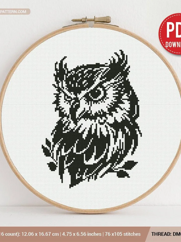 Owl silhouette Cross stitch pattern, Wild Bird, Nature, beginner counted, gift DIY, embroidery, instant PDF, Digital PDF
