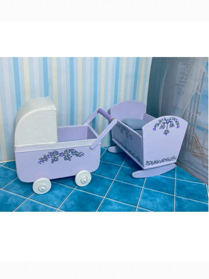 Doll cradle and stroller.
Handmade. 1:12. Dollhouse miniature.