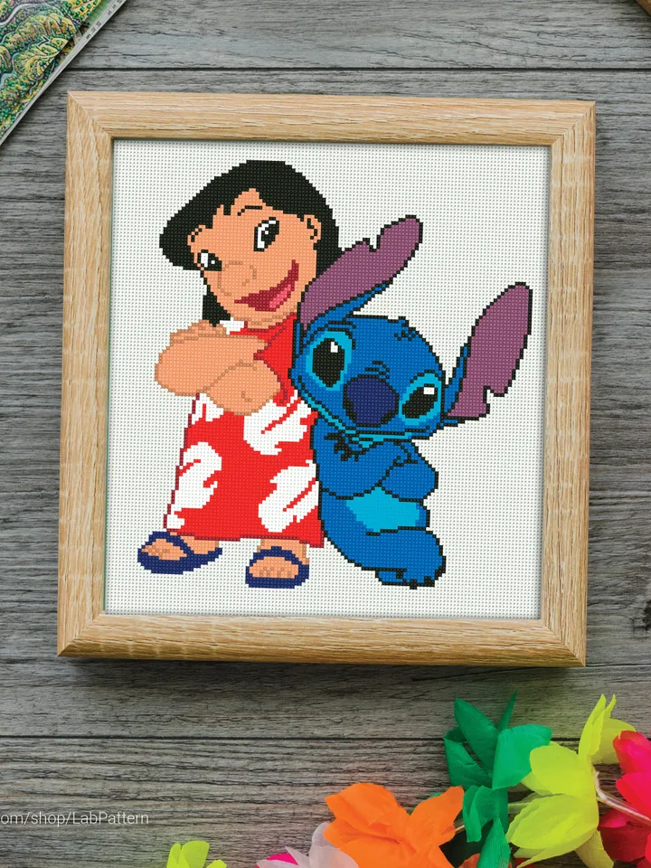 Lilo and Stitch Aloha cross stitch pattern, baby, Love Hawaii, Flower, nursery decor, counted, chart, gift DIY, embroidery, instant PDF