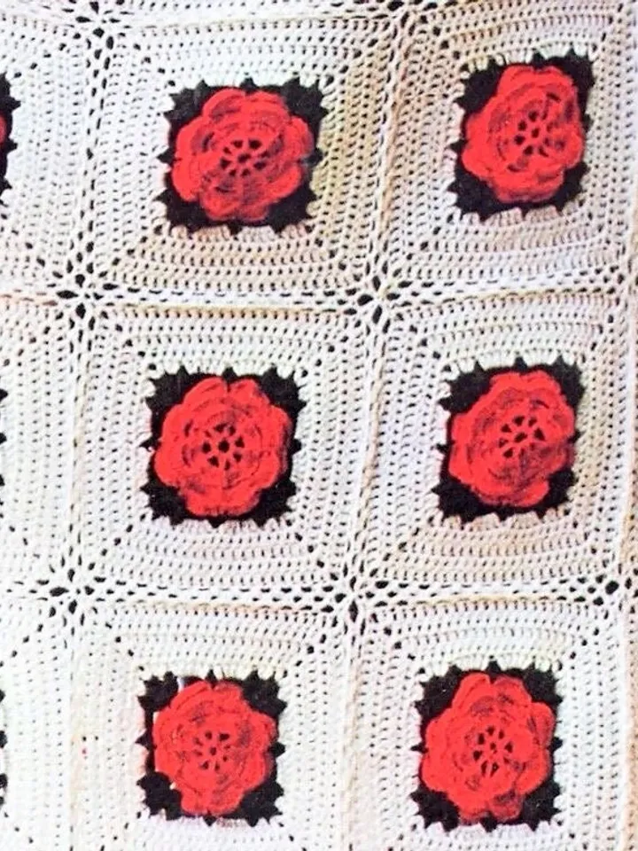 Crochet blanket “Red rose “, crochet pattern blanket , vintage blanket granny squares blanket