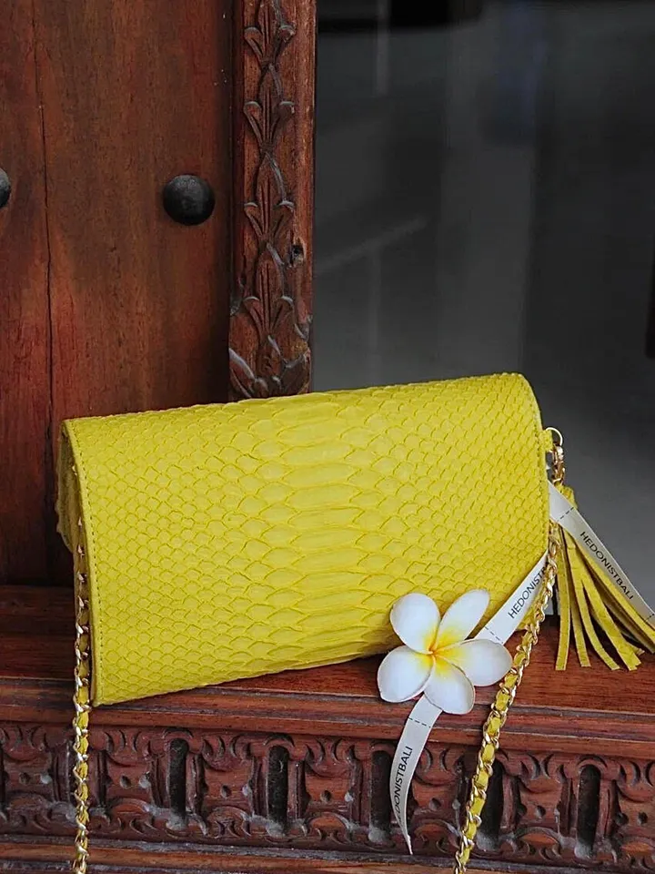 Genuine python skin classy yellow flat clutch with shoulder chain | elegant evening women purse | designer leather bags | small snake bag