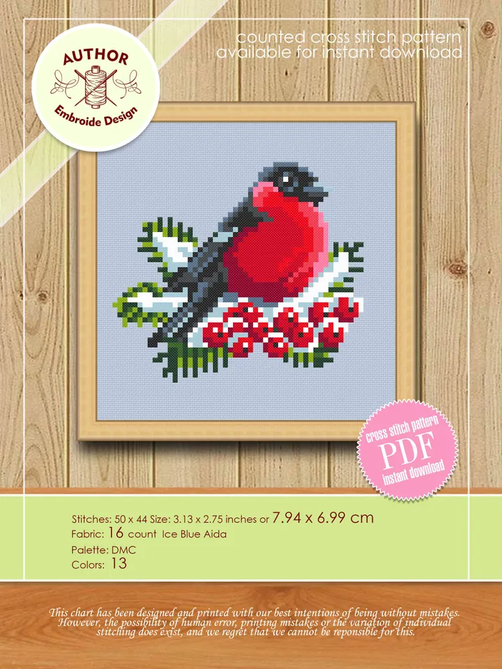 Bullfinch cross stitch pattern download PDF Christmas cross stitch chart, Simple beginner stitch, Christmas bird pattern digital PDF #N12