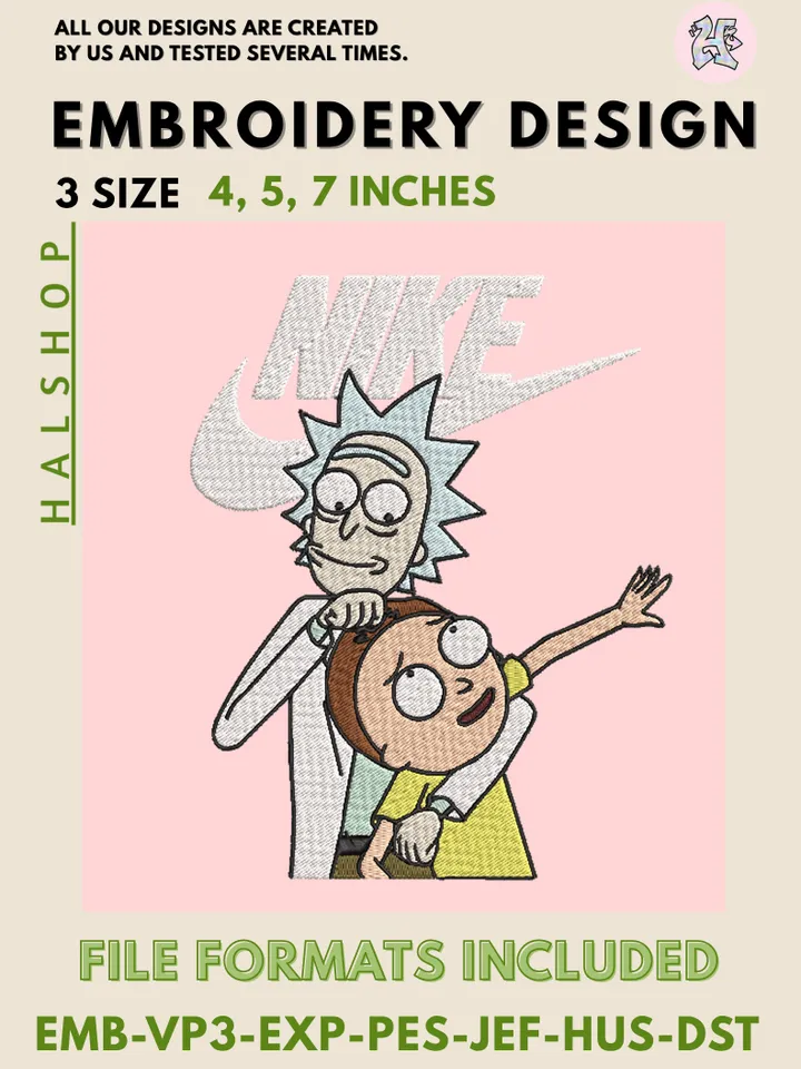 Rick and Morty x Nike Machine Embroidery Design – Cartoon Sci-Fi Digital Embroidery File 🛸