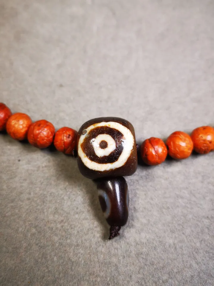 Gandhanra Old 2 Eyed Dzi Guru Bead,T-drilled 3-Hole Mala Bead, Prayer Bead,Connector Bead for Buddhist Bead
