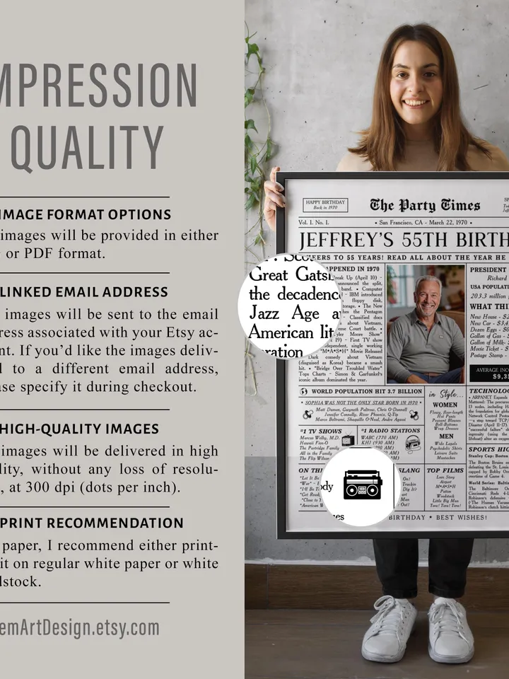 55th Birthday Gift for Men or Women, 55th Birthday Newspaper Poster Sign Back in 1970, Mens Birthday Gift, Gift for him, Gift for Her