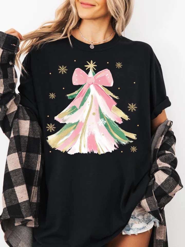 Coquette Glitter Christmas Tree Png, Watercolor Christmas Tree Girly, Merry Christmas Coquette Bow Tree Png, Christmas Lights Hand Drawn