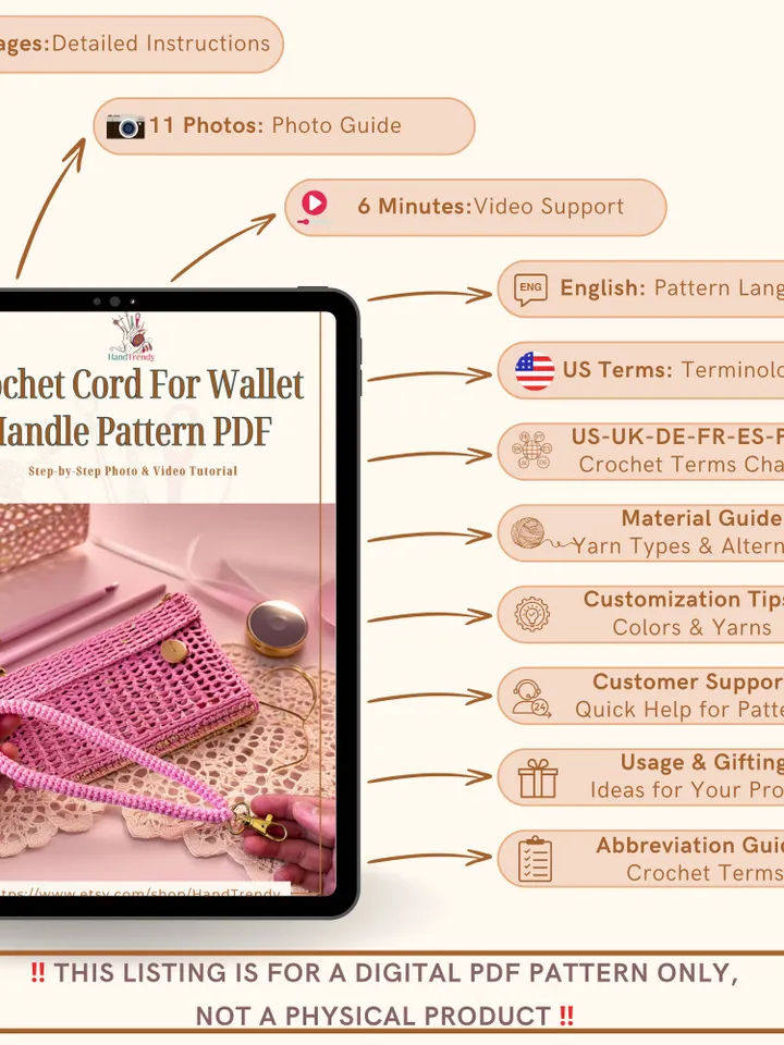 Crochet Cord For Wallet Handle Pattern PDF - Simple Crochet Bag Strap Design - Beginner Bag Cord Tutorial For Your Handmade Diy Project