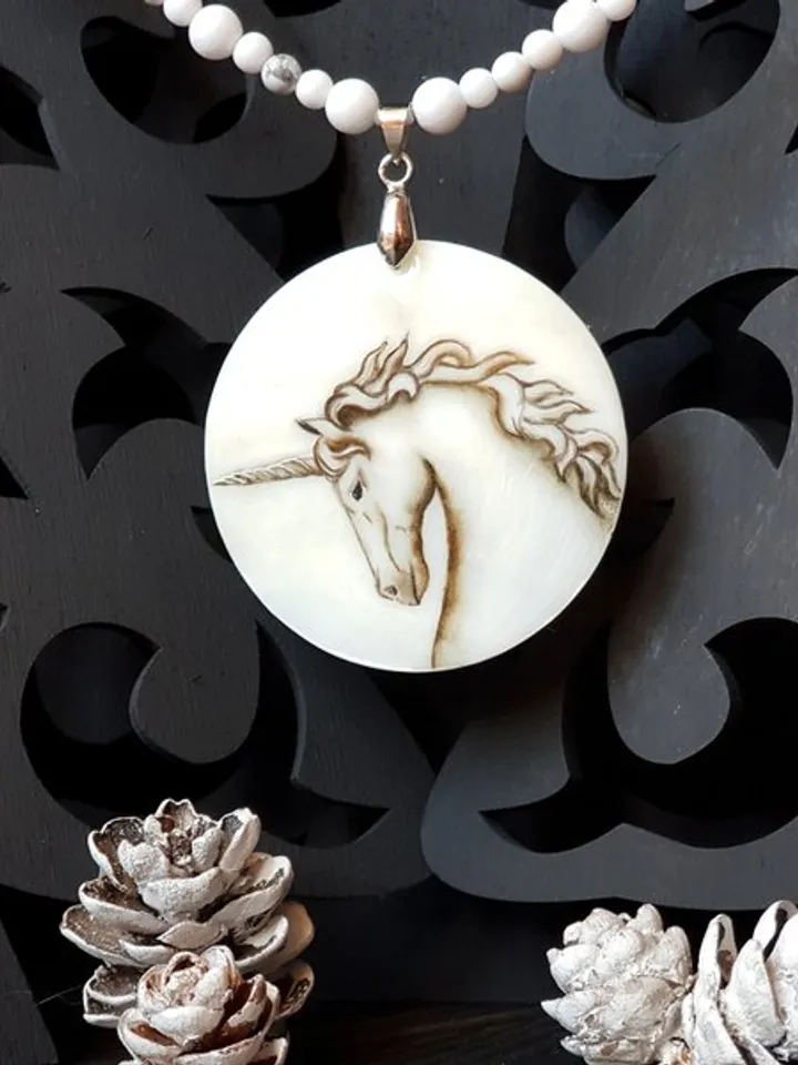 Unicorn jewelry, unicorn necklace, miniature painting on pearl pendant