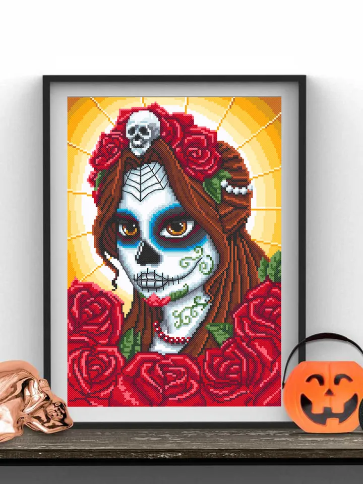 Catrina sugar skull cross stitch pattern download PDF Day of the Dead pattern PDF Mexican skull embroidery Lady skull Dia de Muertos #H28