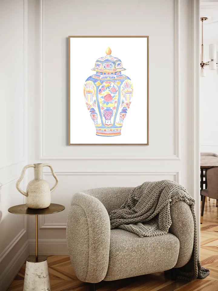 Blue Chinoiserie Vase Watercolor Painting, Pink Ginger Jar Art, Chinoiserie Chic Art, Hamptons Style, Vintage Chinoiserie, Charleston Art