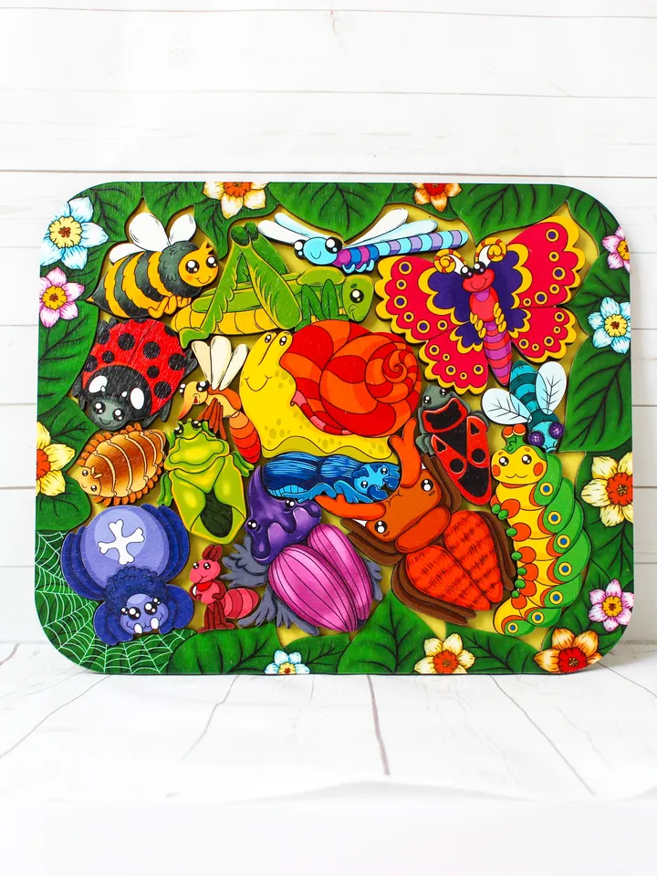 Wooden Puzzle - insect, bug, Montessori toddler learning toy for 2 3 4 5 year