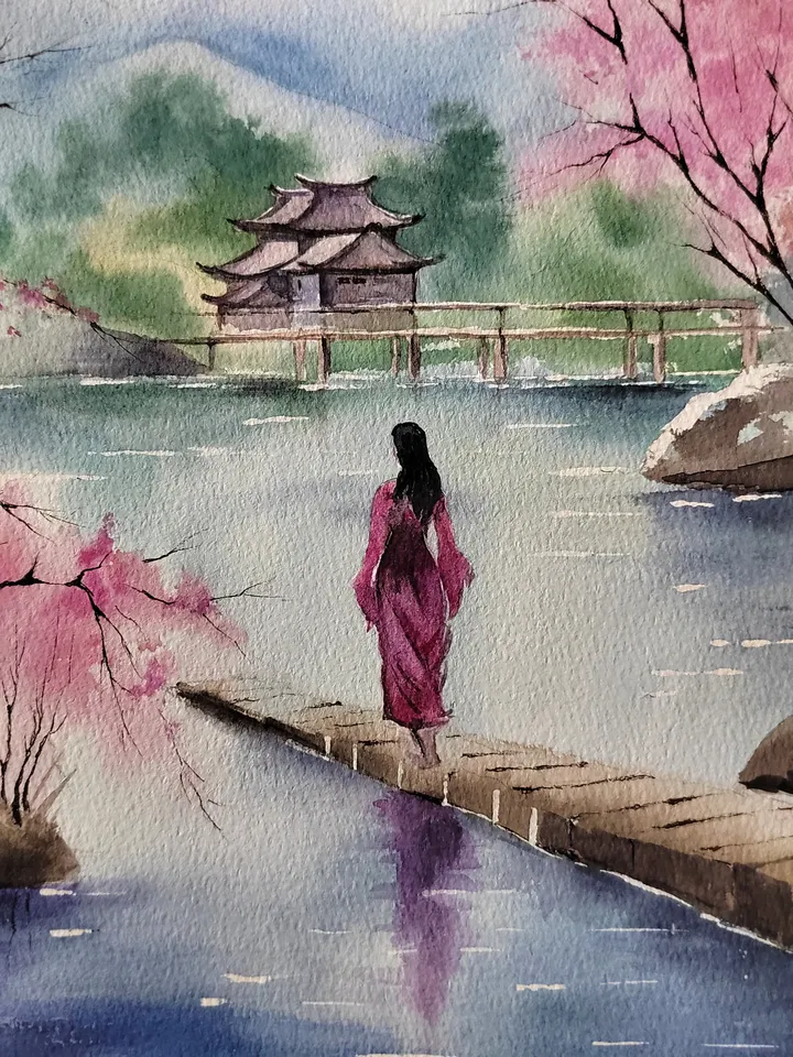 Cherry Blossoms Painting Sakura Landscape Artwork Original Watercolor Art 10.62x15.35 in by SoftWaves
