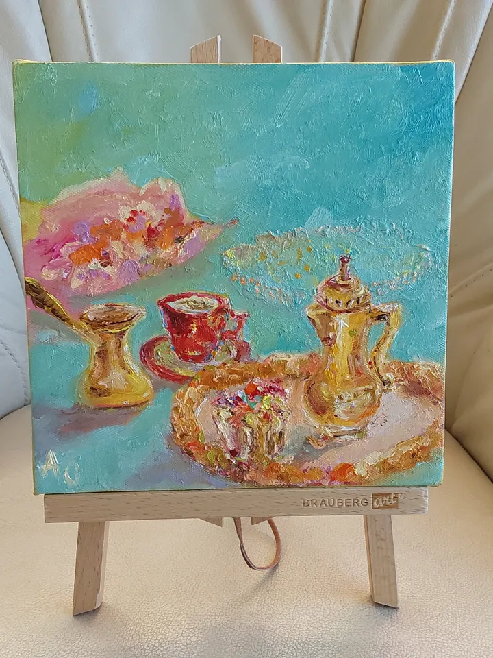 Oil painting on canvas 20x20cm (8x8inch) "Coffee. Afternoon dessert"