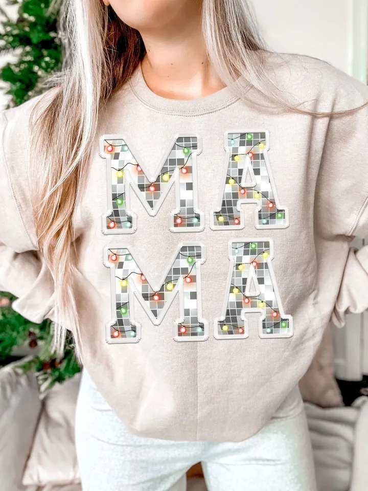 Faux Glitter Sequins Christmas Mama Shirt Sublimation Christmas PNG Mama PNG Christmas Lights Sparkly PNG Embroidery Letters png