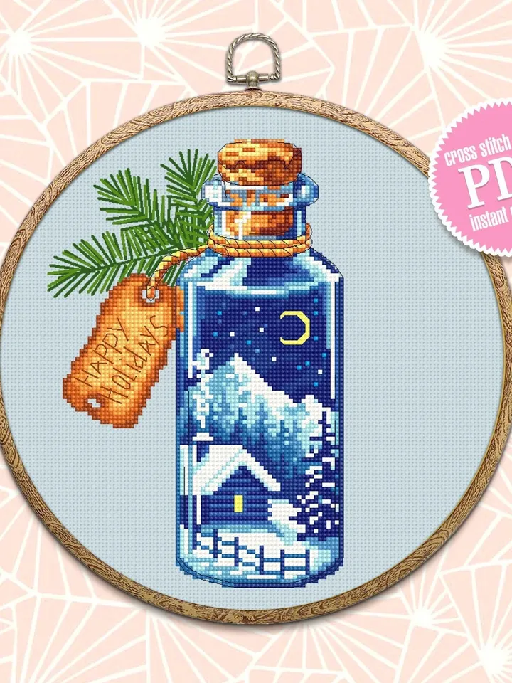 Bottle winter cross stitch pattern download PDF Modern Christmas pattern digital Winter forest cross stitch Starry night Christmas gift #N36