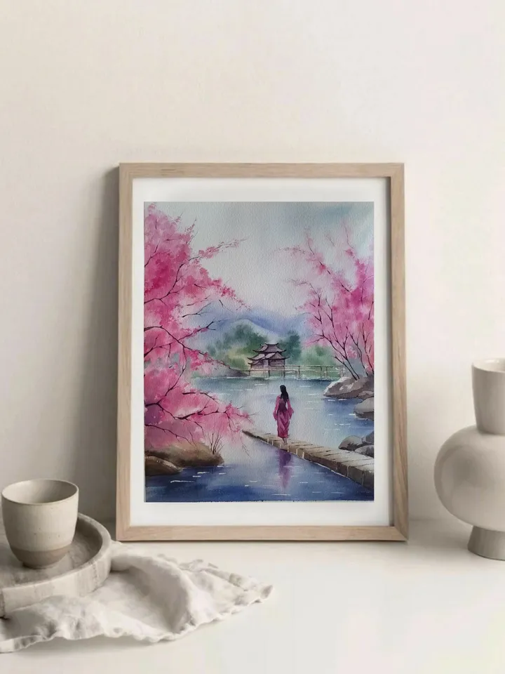 Cherry Blossoms Painting Sakura Landscape Artwork Original Watercolor Art 10.62x15.35 in by SoftWaves