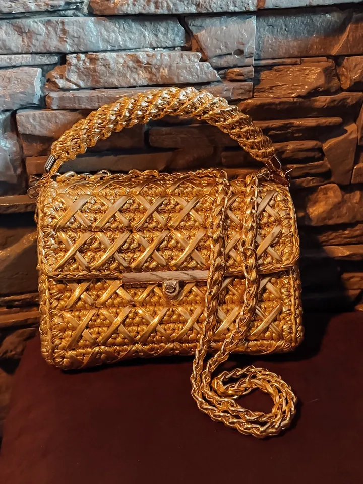 Gold women handbag, vegan crossbody, top handle, small purse, crochet clutch, shoulder bag, luxury bag