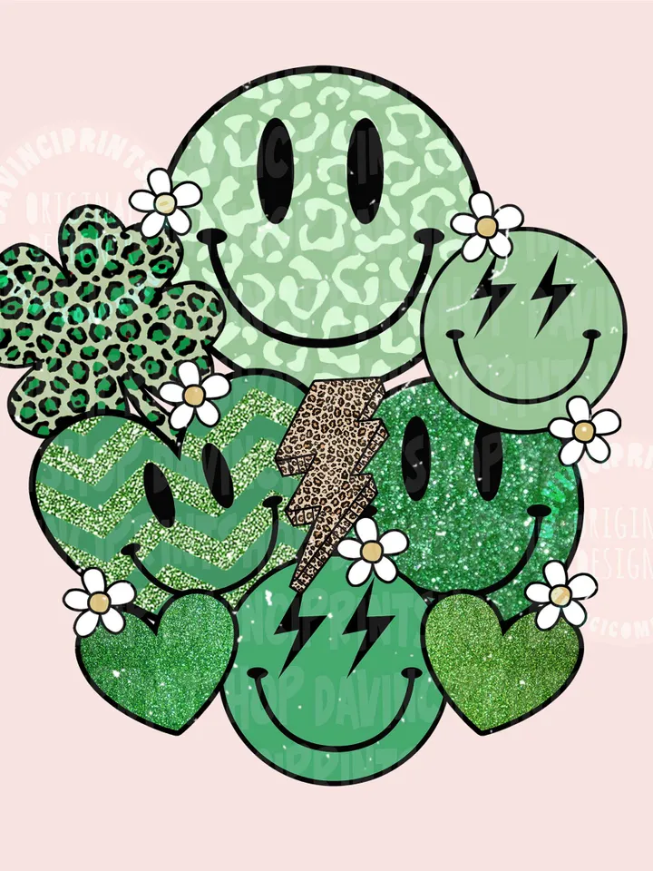 St Patty’s Day Green Smile Png, St Patricks Day Love Smile Clover Hearts Retro Groovy, St patricks day png, Retro st patricks day png, png