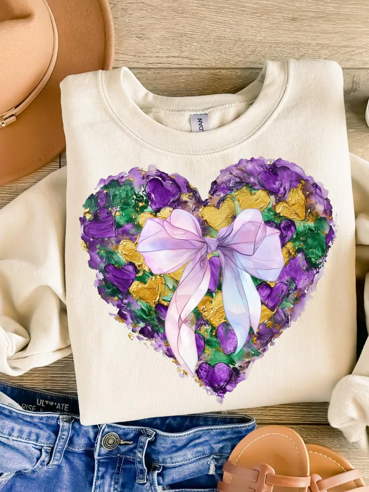 Mardi Gras Heart Brushstroke png, Coquette Bow Mardi Gras Shirt Mardi Beads Louisiana Festival,New Orleans Carnival Heart Brushstroke png
