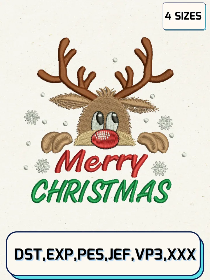 Christmas Reindeer Embroidery Design,Christmas Embroidery Designs,Machine Embroidery Files,4 Sizes