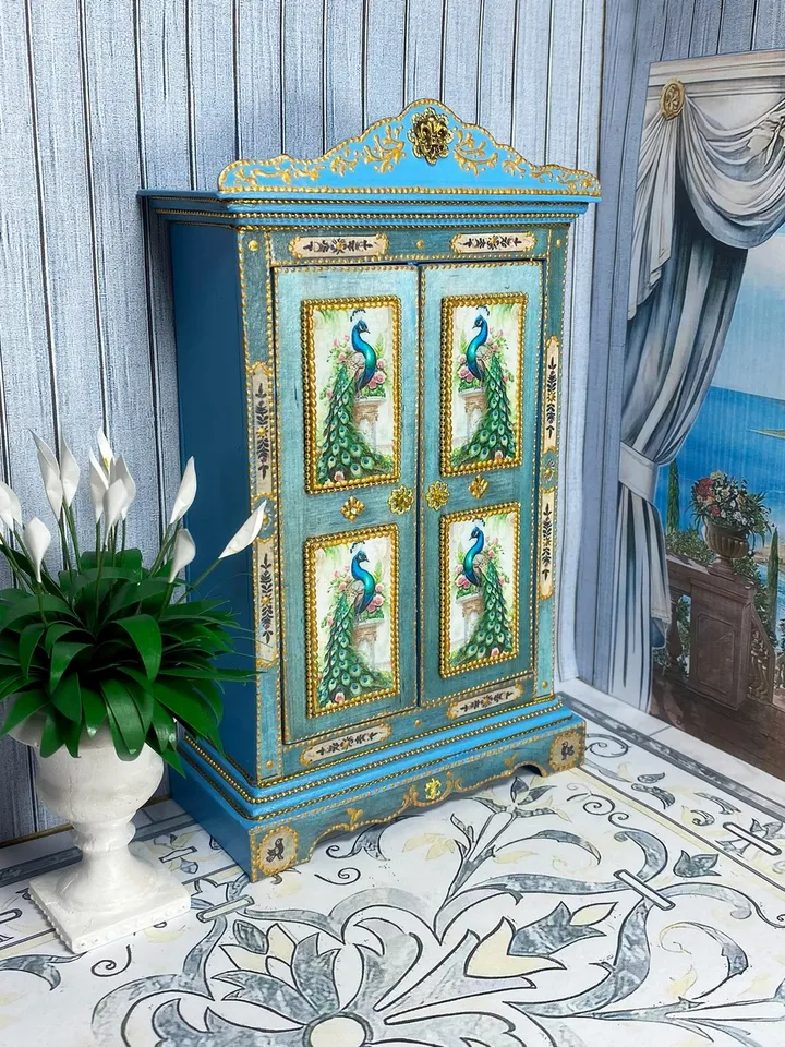 Wardrobe with peacocks. Dollhouse miniature. 1:12. Handmade wardrobe. Wardrobe for a doll.
