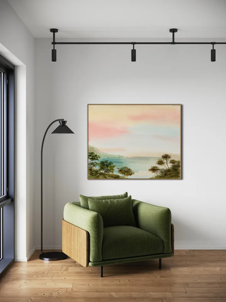Colorful Landscape Watercolor Painting Art Print, Pink Sunset Art, Pastel Color Art, Boho Office Decor, Pink Landscape, Preppy Girl Decor