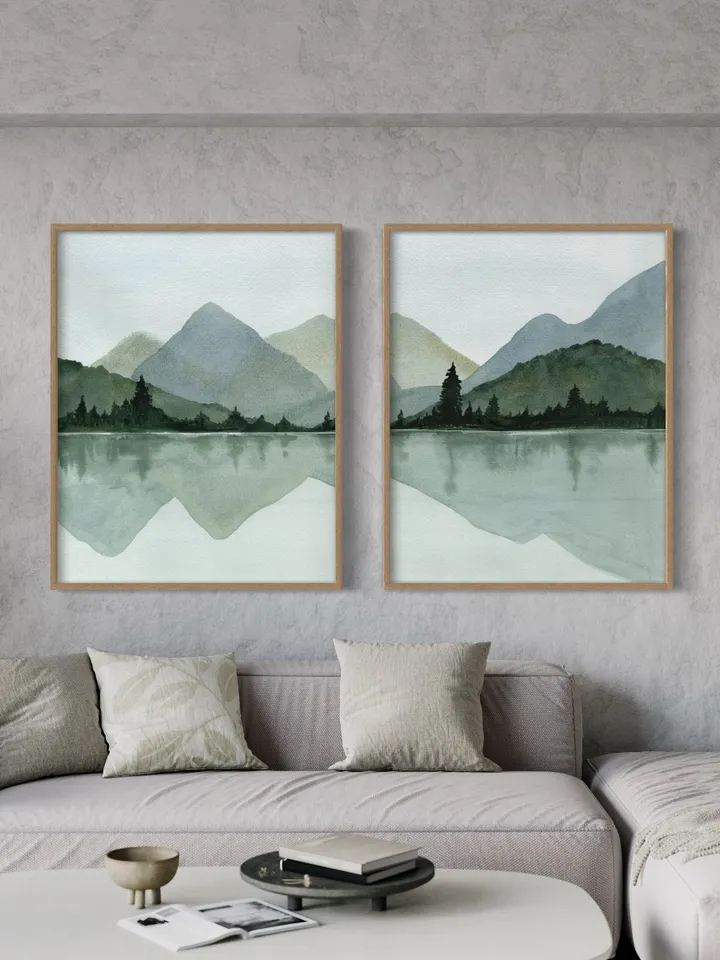 Mountain Lake Print Set Of 2, Large Lake Painting, Minimalist Wall Art, Mountain Forest Art, Living Room Decor,
