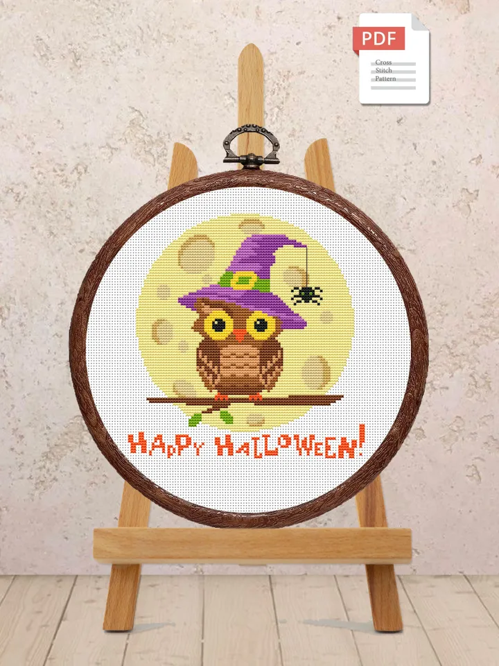 Happy Halloween Cross Stitch Pattern, Halloween Cross Stitch Pattern, Owl Cross Stitch Pattern, Halloweens Owl #hld005