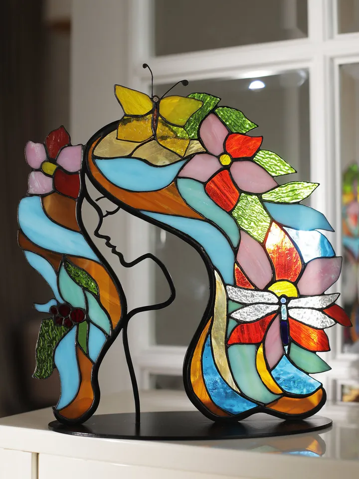 Girl with a Magical World, Stained Glass on Stand "Girl with a Magical World", Stained Glass with the Girl and Her Enchanted World, Stained Glass "The Girl and Her Magical Fantasy", Stained Glass Featuring the Girl's Wonderland, Stained Glass Depicting a