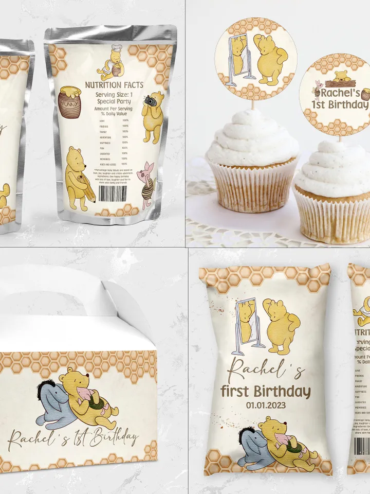 DIY Winnie Pooh Birthday Bundle; Editable 1st Birthday Party Template; Winnie the Pooh Birthday Party; Pooh Birthday Party Decoration; hc12